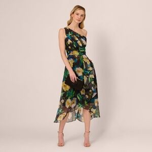 Adrianna Papell One Shoulder Floral Chiffon High Low Midi Dress In Black Yellow